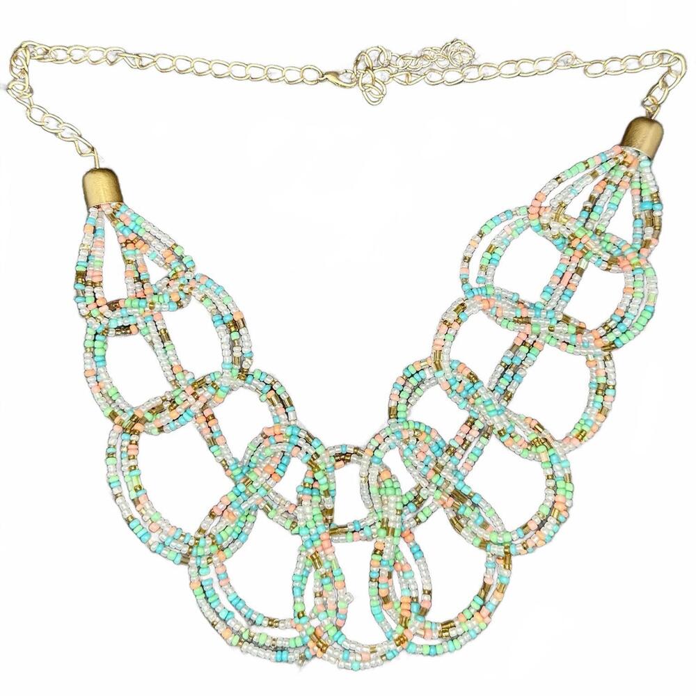 Handmade Beaded Statement Necklace – Pastel Seed Beads – Boho Bib Style